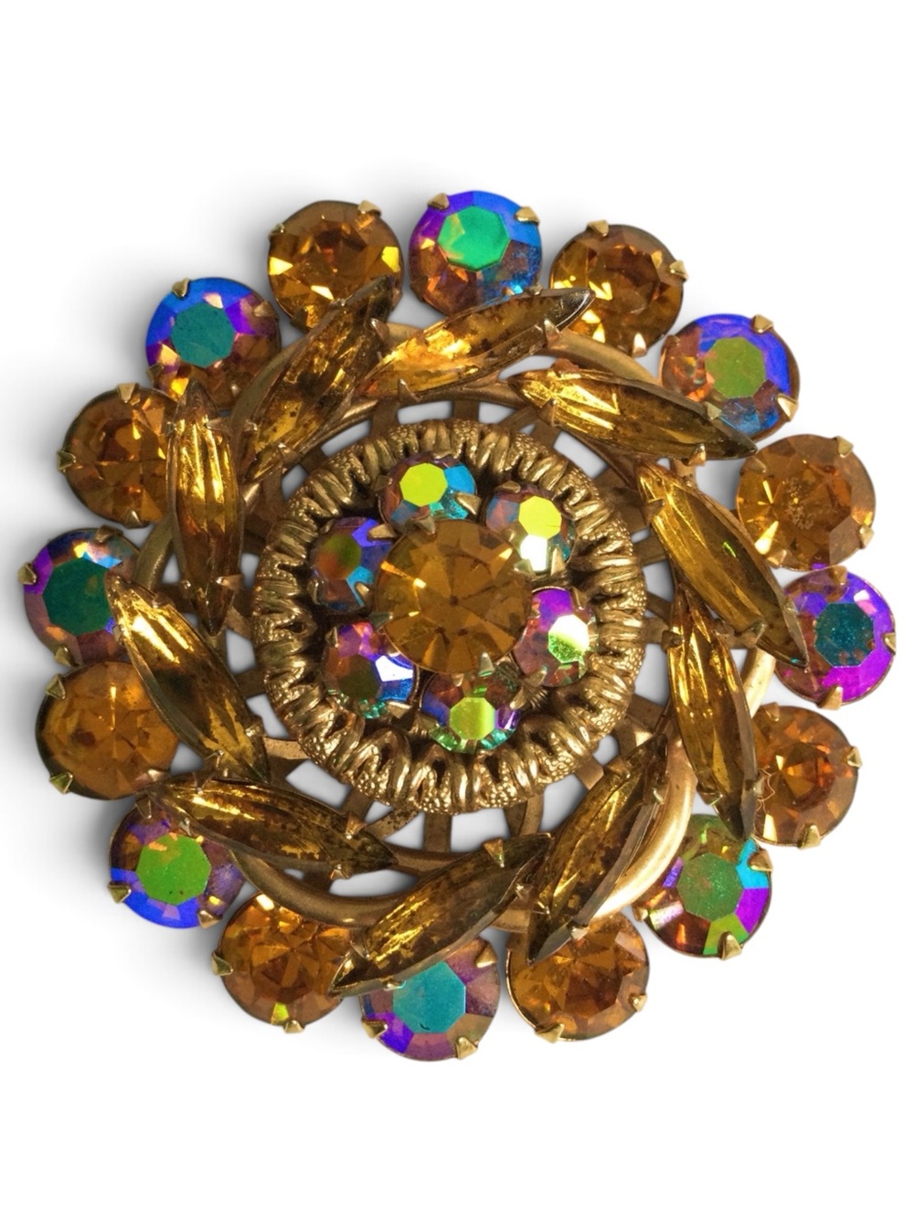 Vintage Amber & AB Crystal Rhinestone Layered Domed Cluster Brooch